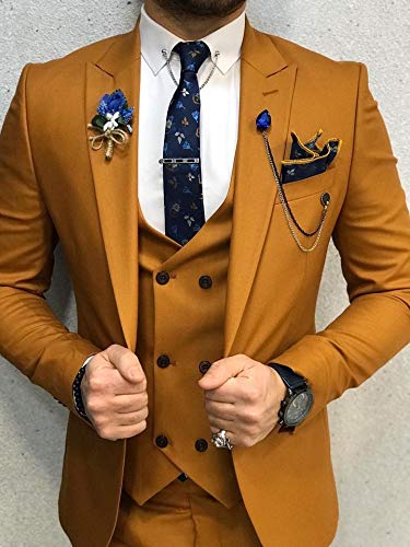 Men's 3 PC Orange Wedding Suits Notch Lapel Jacket Vest Pants Groom Tuxedos Prom Suits3