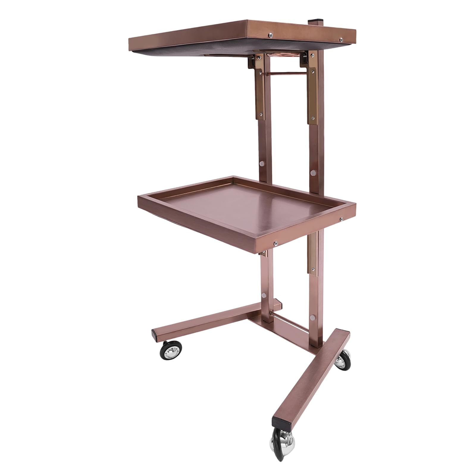 Salon Tray on Wheels, 2 Tier Foldable Salon Trolley Cart, Stainless Steel Rolling Tray, Storage Cart for Bathroom, Bedroom, Tattoo Shop (Rose-Gold)