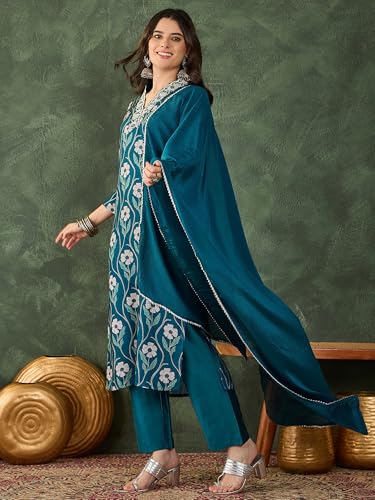 Image of Naixa Women's Rayon Printed Straight Kurta with Rayon Pant and Chinon Laced Dupatta Sets (NX3-727)