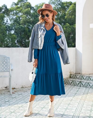 Image of Kranda Women 2025 Fall Puff Long Sleeve V Neck Causal Flowy Pleated Ruffle Tiered Midi Dress with Pockets