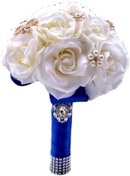 Royal Blue Crystal Pearl Silk Rose Bridal Bouquet Wedding Bouquets