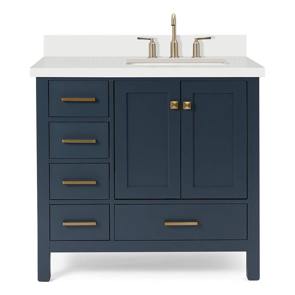 Buy ARIEL 37" Inch Midnight Blue Bathroom Vanity with Pure White Quartz Countertop Right