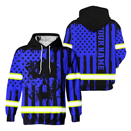 HiVis Custom Safety Hoodie Skull Blue Neon Customize Name High Visibility Hoodie for Men Reflective Hi Vis Construction Workwear for Runners, Walkers, Trucker, Operator, Patriotic-5XL