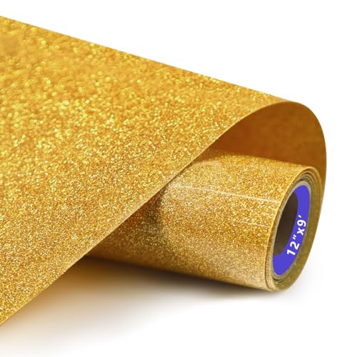 Image of HTVVETUR Glitter HTV Vinyl Rolls Heat Transfer Vinyl - 12 inch x 9ft Gold Glitter HTV Vinyl for Shirts, Iron on Vinyl for Cameo - Easy to Cut & Weed for Heat Vinyl Design (Glitter Light Gold-9ft)