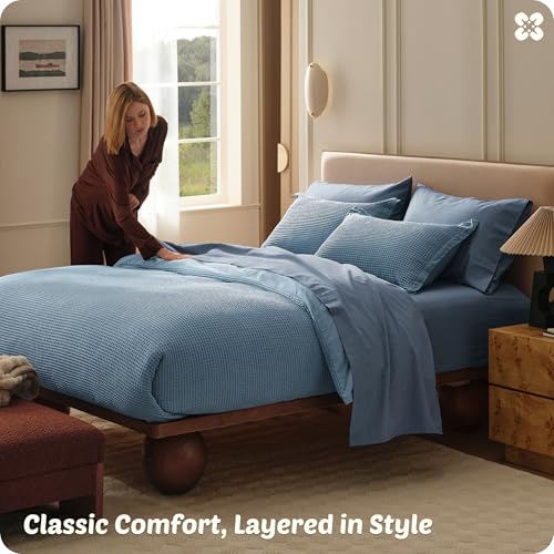 Image of Bedsure Cotton Duvet Cover Queen - 100% Cotton Waffle Weave Grey Blue Duvet Cover Queen Size, PureWoven Breathable Bedding Set for All Season, 3 Pieces, 90 inchx90 inch