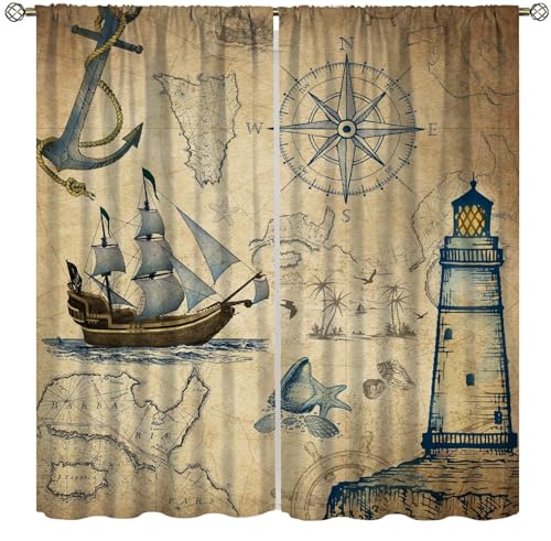 wlsgdsg Retro Nautical Blackout Curtains for Boys, Vintage Mid Century Map Compass Lighthouse Decor Window Treatments, Rod Pocket Drapes for Kitchen Man Teen Bedroom, 63x63in