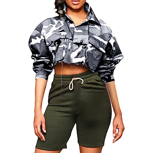 Manteau camouflage pour femme gris L avec col en fourrure élégant et poches cargo pratiques
