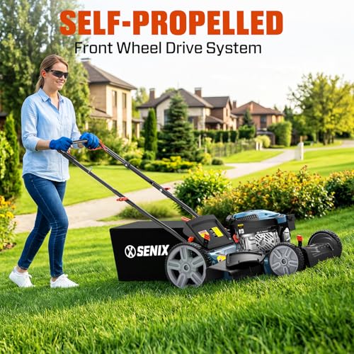 Image of SENIX 21'' Self Propelled Gas Lawn Mower 170 cc, 6-Position Cutting, 3-in-1 | (Mulching, Side Discharge and Rear Bagging), 4-Cycle OHV Gas Lawn Mowwer, Rear-wheel Drive 8 Inch /11 Inch