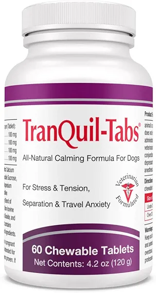 TranQuil-Tabs for Dogs - Contains Chamomile, L-Tryptophan, and Melatonin - Relieves Stress and Tension - Ease Travel and Separation Anxiety - 60 Tabs
