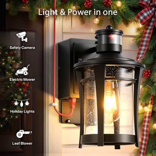 Image of Gleamz 2-Pack Porch Light with Outlet, Black Motion Sensor Outdoor Light