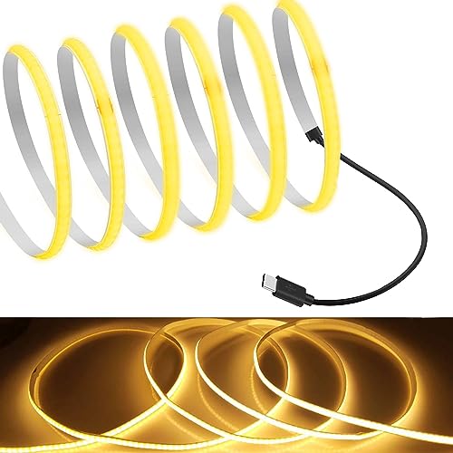 Image of MDee】Type C COB Tape Light LED Strip.9.84ft /3m- Flexible 5mm Hidden DC 5V LED Tape with 320 LEDs /m for Warm (2700K) Lighting. Cuttable, Shapeable, Type C Powered. Ideal for Kitchen