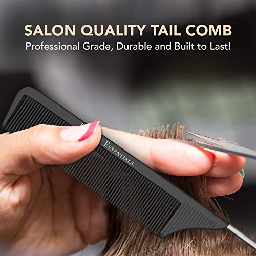 Bardeau Essentials Professional 8.8 Inch Tail Comb - Black Carbon Fiber And Stainless Steel Pintail - Anti Static And Heat Resistant Teasing Lightweight Comb For All Hair Types