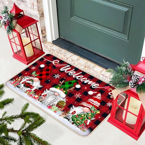 Image of TREWAVE Christmas Welcome Decorative Doormat Christmas Gnome Door Mat Non Slip Rubber Backing Floor Mat Seasonal Winter Holiday Front Porch Rugs for Outdoor Indoor Entrance, 29 x 17 Inch