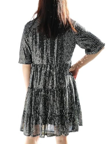 Image of Sequin Babydoll Summer Dress，Sparkly Glitter Dress Short Flowy Tiered Tunic Dress for Women Party Club Night