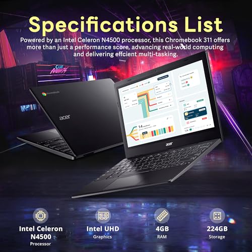 Image of acer Chromebook 311 11.6 inch HD Laptop, Intel Celeron N4500 Processor, 4GB LPDDR4X RAM, 224GB Storage (64GB eMMC+160GB Docking Station Set), Intel UHD Graphics, Wi-Fi 5, Chrome OS, Black