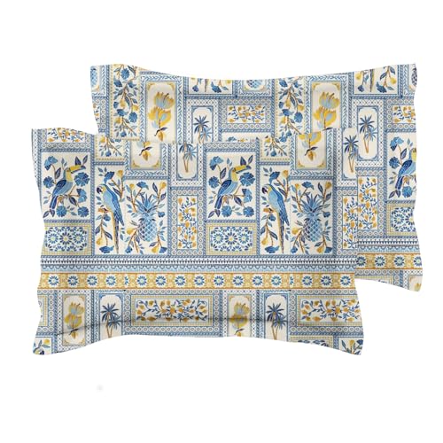 Image of VAS COLLECTIONS Premium 160 TC Microfiber 3D Printed Pillow Covers | Regular Pillow Cases | 2 Piece Pillow Cover, Queen Size (30 x 20 inches), Tealish Blue and Yellow