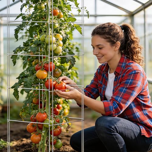 SPECILITE Square Foldable Tomato Cages 3 Pack, 13\" W x 56\" H Heavy Duty Galvanized Steel Plant Support Trellis for Garden, Tomatoes, Plant, Tool-Free & Rust Resistant for Outdoor Use (Include Gloves)
