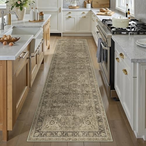 3x8 Washable Brown Vintage Runner Rug for Kitchen Hallway Non-Slip Low Pile Soft Thin Carpet Traditional Retro Distressed Accent Long Throw Rug for Entryway Bathroom Indoor Bedroom