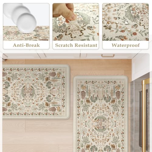 Image of KIMODE Anti Fatigue Kitchen Mats 17 inchx47 inch+17 inchx29 inch, Vibrant Floral Kitchen Rugs Sets of 2, Cushioned Non Skid Kitchen Mats for Floor, Comfort Kitchen Floor Mats for Sink Laundry Desk Beige