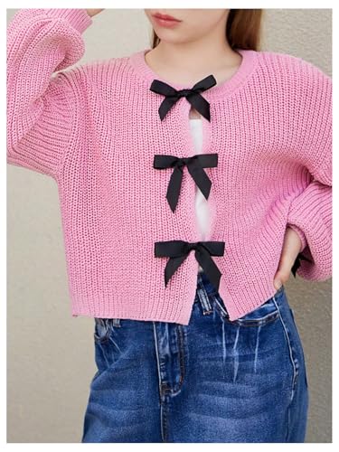 MakeMeChic Girl's Color Block Bow Front Cardigan Drop Shoulder Long Sleeve Knit Sweaters3