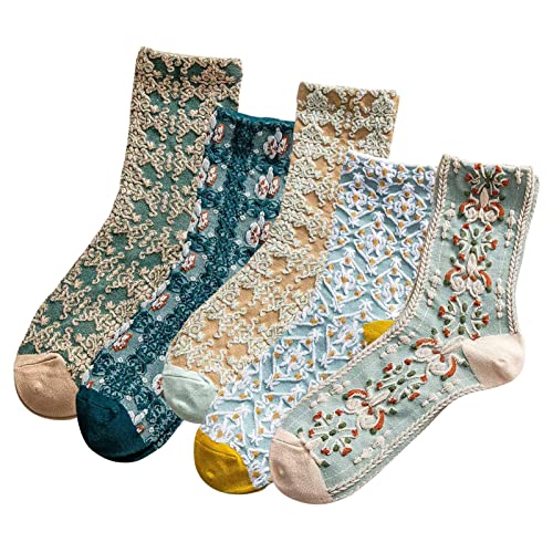 Image of 5 Pack Cute Womens Floral Socks, Vintage Embroidered Frilly Floral Ankle Cotton Cottagecore Socks