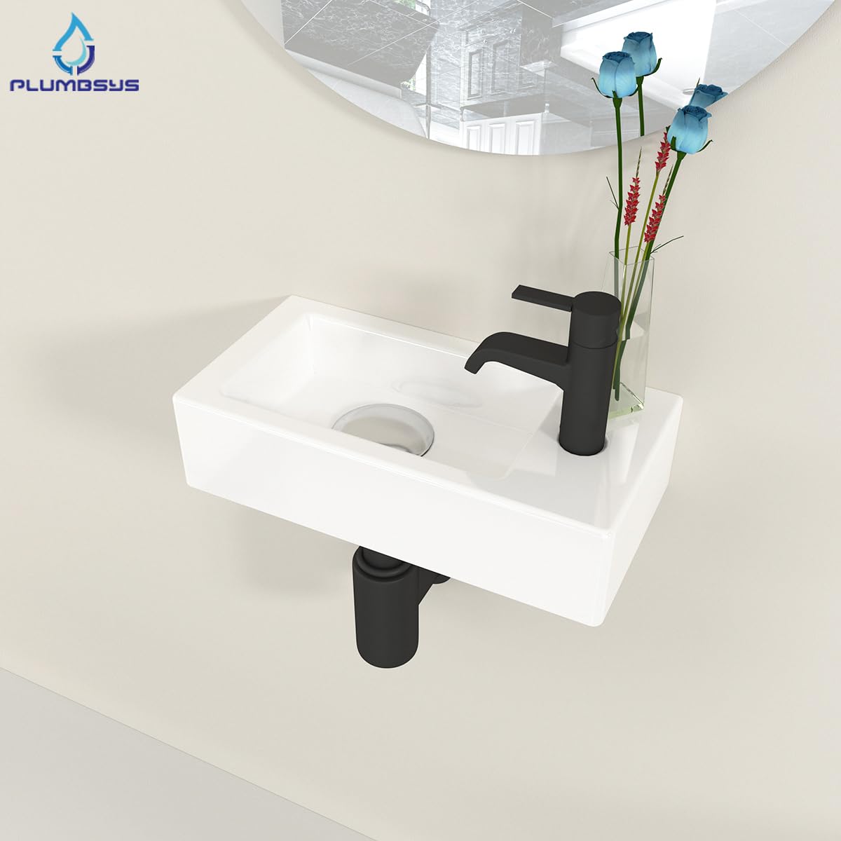 Lavabo Pequeño de Cerámica para Sobrepone o Suspender 36.5x18cm - Plato con Orificio para Grifo a la Derecha - Lavamanos Compacto para Baño, Aseo o Barco