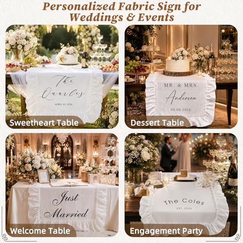 Image of Personalized Wedding Table Runner with Ruffled Edges, Custom Sweetheart Table Decor Banner, Custom Wedding Welcome Sign for Table, Mr & Mrs Canvas Banner, Customized Table Runner with Name