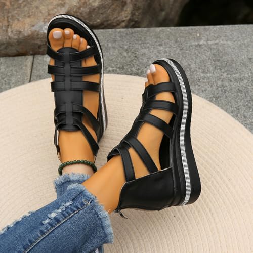 Wedge Gladiator Sandals for Women, Comfort Sandals for Women, Casual Walking Sandals, Women Platform Sandals (Black,8.5)4