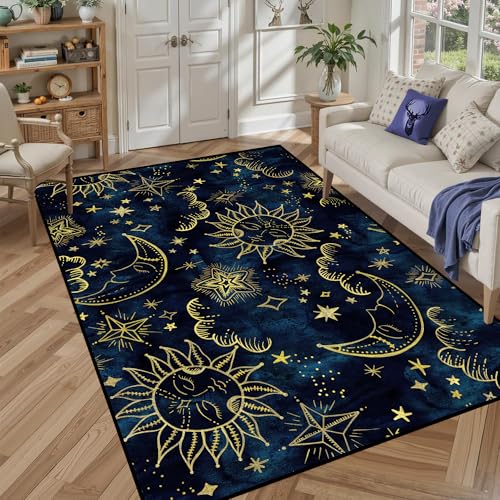 Image of FUYEUN 5' x 7' Star Rug Celestial Area Rugs for Girls Boys Women Bedroom Dorm Living Room Boho Sun and Moon Galaxy Floor Mat Pad Doormat Carpet Decor
