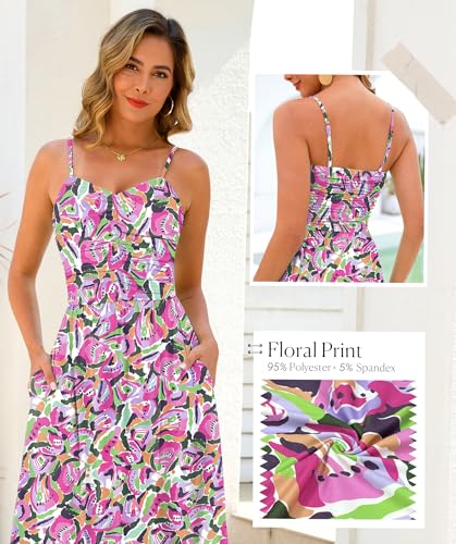 Image of Annebouti Women 2026 Summer Spring Ruched Maxi Dress Adjustable Spaghetti Strap Floral Beach Long Sundress with Pockets