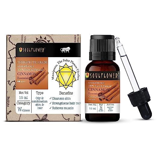 Image of Soulflower Cinnamon Essential Oil for Skin Care, Hair Care, Hydrating | 100% Pure, Natural, Undiluted Cinnamon Essential Oil 15ml