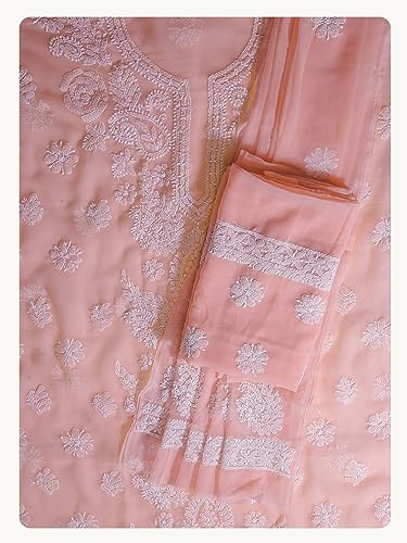 Image of Ada Hand Embroidered Lucknow Chikankari Unstitched Georgette Dress Material Suit Set for Women