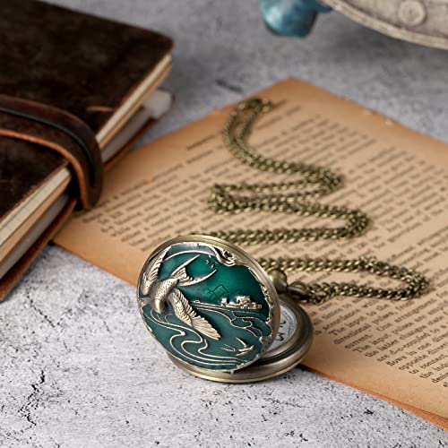 Image of MORFONG Vintage Bird Design Pocket Watch Quartz Watches for Men Women Birthday Christmas Gifts with Box Chain