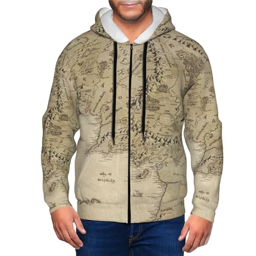 Middle Earth Map Zip Up Hoodie Men, Full Zip Hooded Sweatshirts Men Cardigan Hoodie Coat