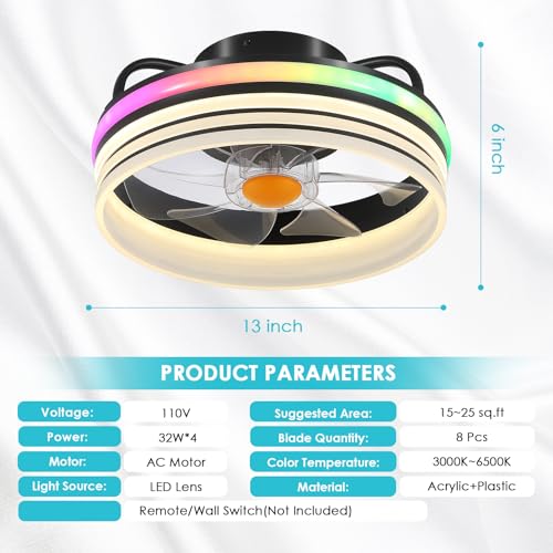 Image of Mpayel Flush Mount Ceiling Fan with Light, Small Low Profile Ceiling Fan,13 inch RGB Dimmable LED Bladeless Ceiling Fans, Modern Enclosed LED-RGB Ambient Light for Bedroom, Kids Room, Kitchen
