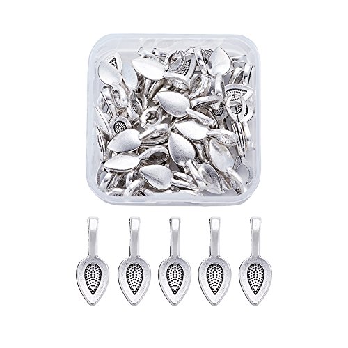 Pandahall 50pcs Alloy Antique Silver Leaf Glue-on Flat Pad Bails Pad Pendant Bails Cabochon Setting Jewelry Findings Hole: 4x6mm