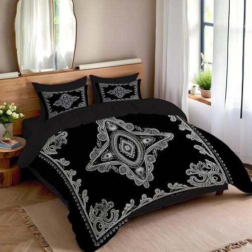Parure de couette 240x260 cm vintage en microfibre avec motifs cachemire noir