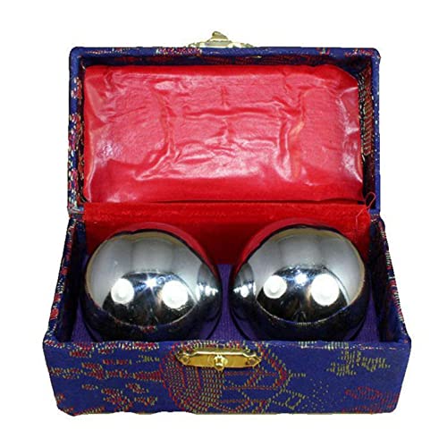 Kisbeibi 2 bolas de masaje chinas para ejercicios de salud con funda, para aliviar el estrés, meditación y masaje, balón de mano (plata, diámetro de 4,3 cm, caja de color aleatorio)