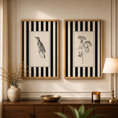 Image of TheMakerly Set of 2 Minimalist Black & White Framed Wall Painting for Living Room | Modern Botanical & Bird Illustration Wall Art | Aesthetic Striped Wall Decor Frames for Bedroom, Office & Hall (M.2, 13x19 inches)