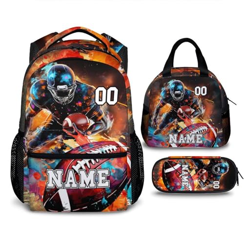 School Backpack for Kids, Custom Name American Football Backpacks Set for Boys Age 6-18, Kids Bookbag with Lunchbag Matching Combo, Football Schoolbag with Pencil Case Bundle Supplies Gift
