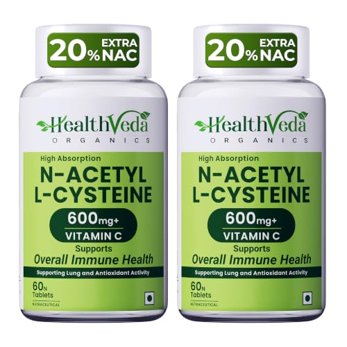 Image of Health Veda Organics N-Acetyl L-Cysteine (NAC) 600 mg | 60 Veg Tablets (Pack of 2) | Lung, Respiratory Support & Antioxidant Supplement