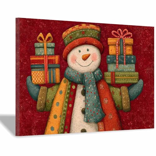 Décoration Murale de Noël CUDAOO Toile Bonhomme de Neige Rouge 70x100cm Encadrée