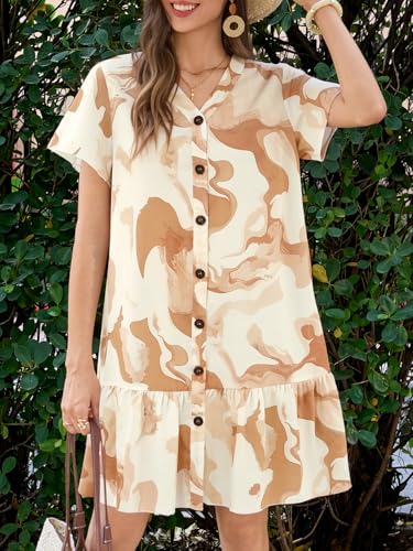 Image of Imysty Womens Polka Dot V Neck Button Down Ruffles Loose Mini Short T-Shirt Dress