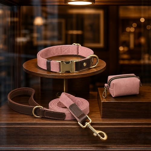 Image of Didog PU Leather Dog Collar for Medium Dogs, Soft Nylon Lining, Pink M