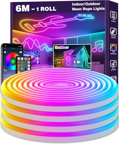 LETIANPAI 6M Neon Led Strip,Flexible LED Streifen,Control with App/Remote,Multiple Modes,Waterproof,Music Sync Gaming Led Strip Lights for Bedroom Indoor,IP65 Outdoor RGB Neon Lights