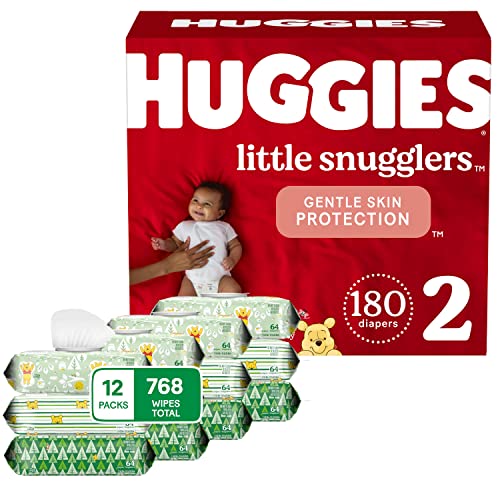 Image of Huggies Little Snugglers Diapers & Wipes Bundle: Huggies Little Snugglers Size 2 Baby Diaper, 180ct & Huggies Natural Care Sensitive Wipes, Unscented, 12 Packs (768 Wipes Total) (Packaging May Vary)