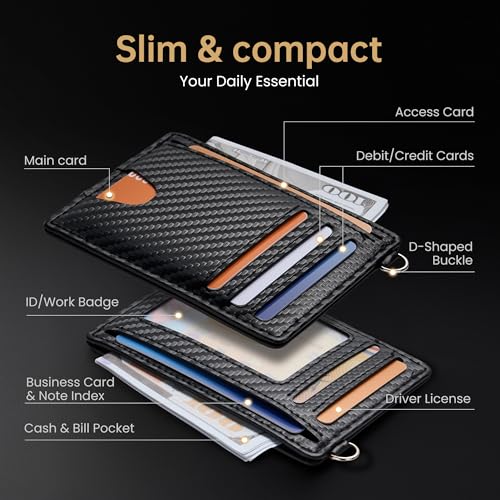 Image of Mayski Slim Wallet, Credit Card Holder for Women, Minimalist Front Pocket RFID Blocking Card Cases, Small Wallet Women Men(Carbon Fiber Black)
