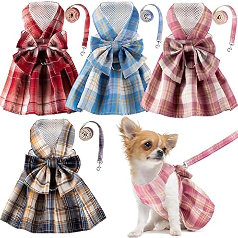 Plaid Dog Dress Set with Leash for Small Dogs Cover