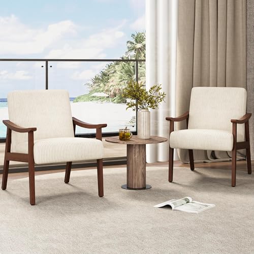 Image of Yaheetech Corduroy Accent Chair, Mid-Century Modern Armchair with Solid Wood Legs, Reading Leisure Chair with High Back for Living Room Bedroom Waiting Room, Set of 2, Beige