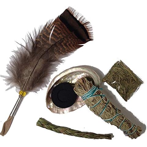 Sage Smudge Starter Kit, Includes Sweetgrass, White sage, Flat Cedar, Abalone Shell, Quick Light Charcoal Disc and a Smudging Feather Cover